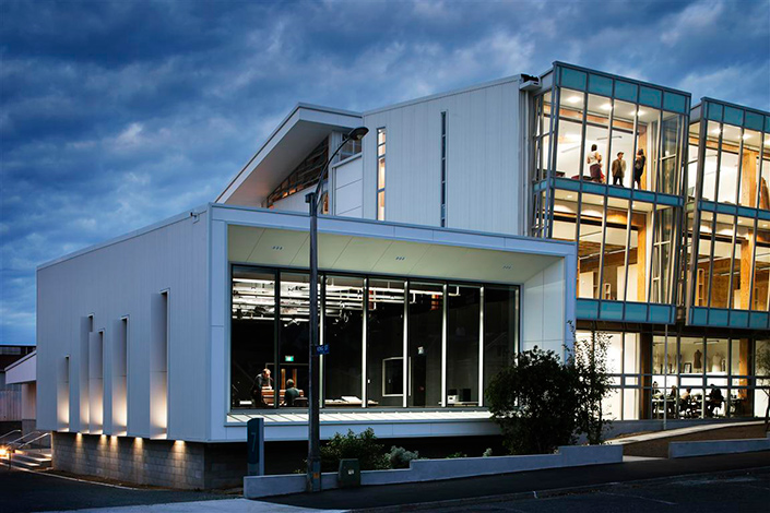 View of G-Block, Creative Industries building, at night, from Nile Street